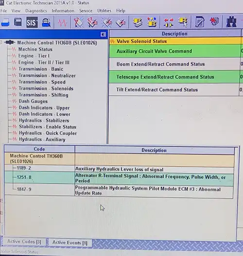 CAT Electronic Technician diagnostický software – zobrazení chybových kódů stroje TH360B